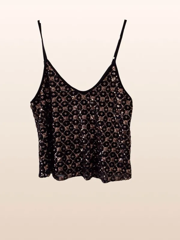 Shyanne Gold Sequin Top Black Tank Adjustable Straps Women's Medium - Image 7