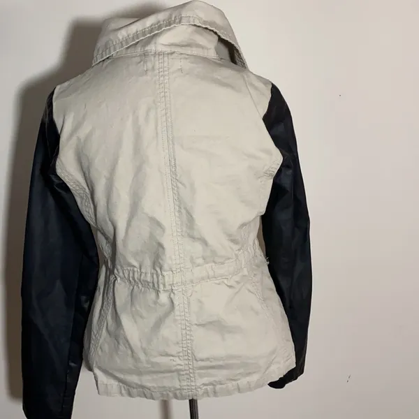 Women’s JJ utility jacket coat canvas contrast sleeves faux Leather small tan - Image 5