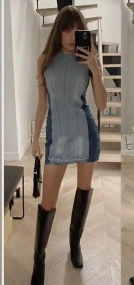 Zara Patchwork Denim Mini Dress Style 6688/006 Size XS - Image 8