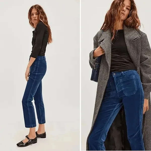 Free People High Time Velvet Kick Flare Crop Blue Pants Size 8 - Image 9