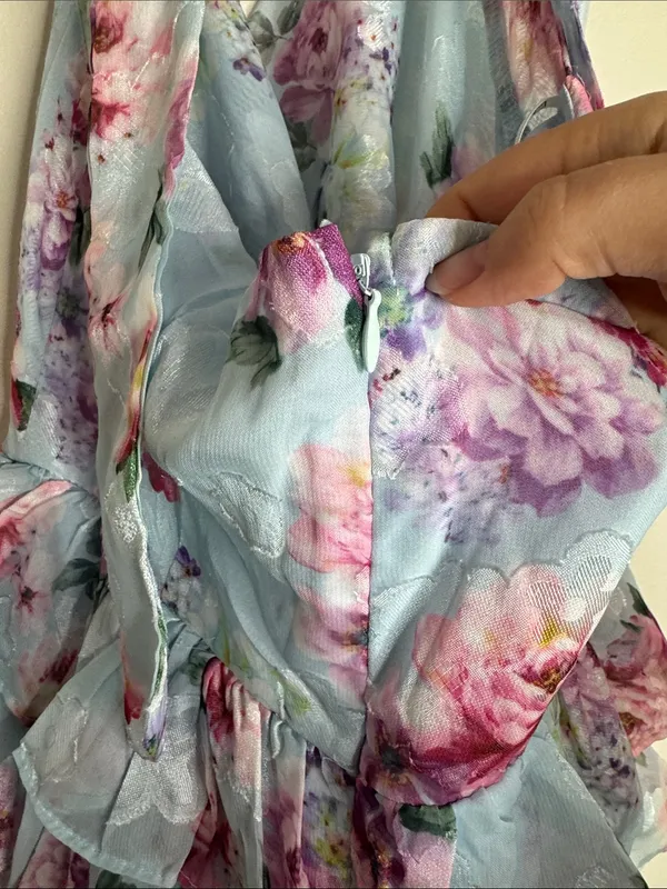 Lulus Trending Adorable Light Blue Floral Tiered Halter Mini Chiffon Dress sz L - Image 8