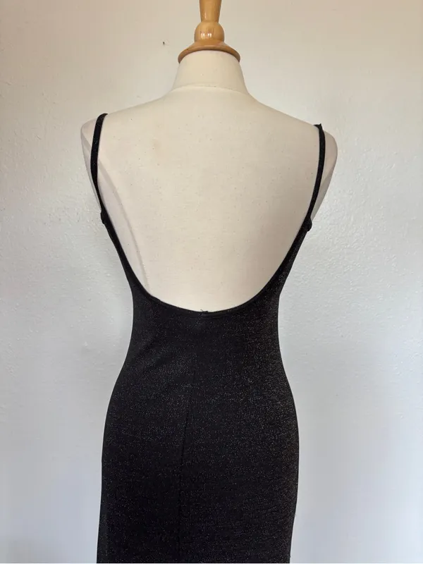 Vintage 90s Black + Silver Glitter Full Length Sleeveless Prom Dress - Image 4
