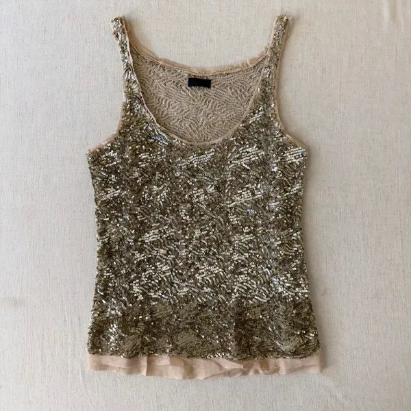 Wren 100% Silk Sequin‎ Embroidered Tank Top Champagne XS Made USA - Image 13