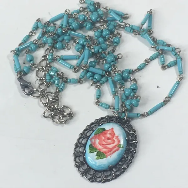 Vintage turquoise beaded painted rose pendant necklace multi strand 19” - Image 2