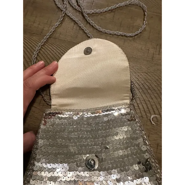 Vintage Silver‎ Sequin & Bead Crossbody Mini Bag // Y2K Disco Glam Evening Purse - Image 3