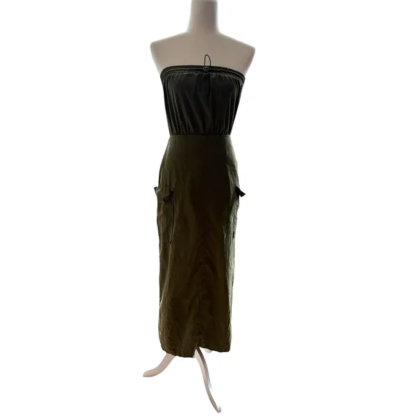Forever 21 Olive Green Military Bandeau Midi Zip up women's dress, Size S - Image 5