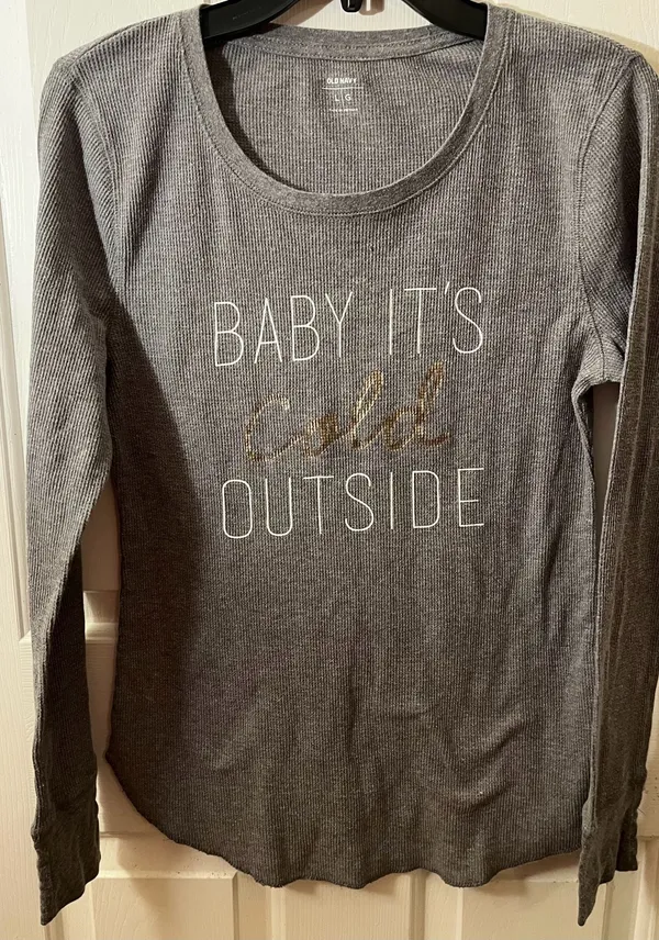 Old Navy Women's Long Sleeve Waffle Knit Graphic T-Shirt Gray Baby It's Cold Out - Image 2