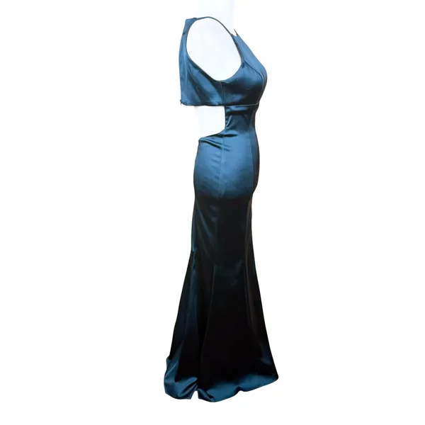 Sherri Hill Formal Gown Size 00 Teal Satin Open Back High Slit Prom Dress Party - Image 4