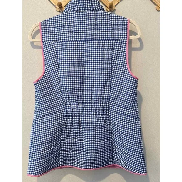 Talbots‎ Womens Blue Gingham Quilted Puffer Vest Pink Trim Full Zip XS Pockets - Image 5