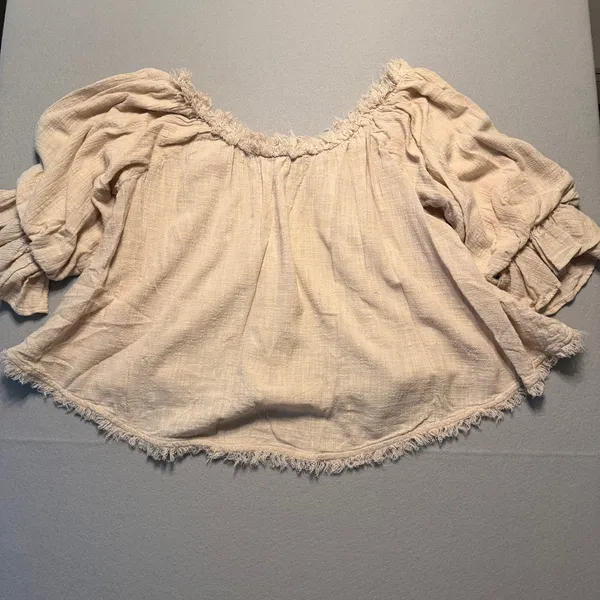Free People Boho Frayed Gauze Peasant Blouse Top Beige Women Size Medium - Image 7