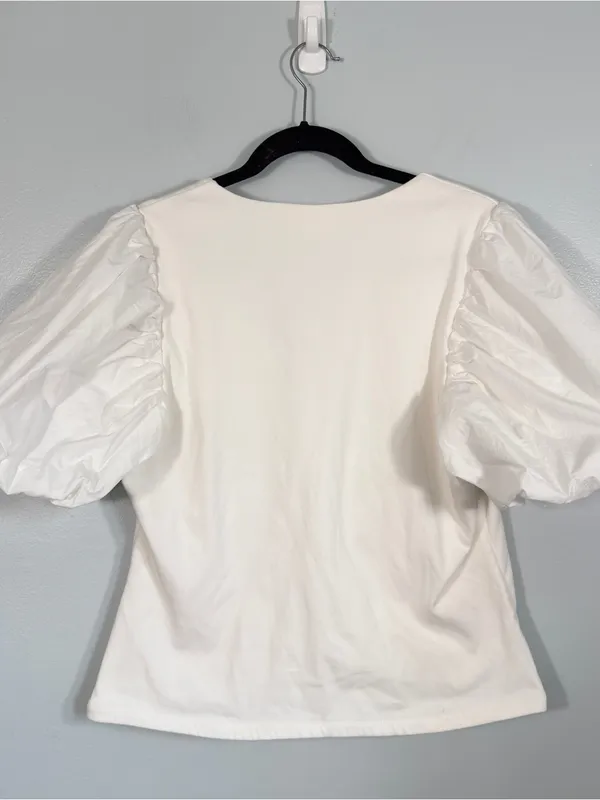 Maeve Anthropologie Puff Sleeve Faux Wrap Surplus Cotton Knit Top White XL - Image 3
