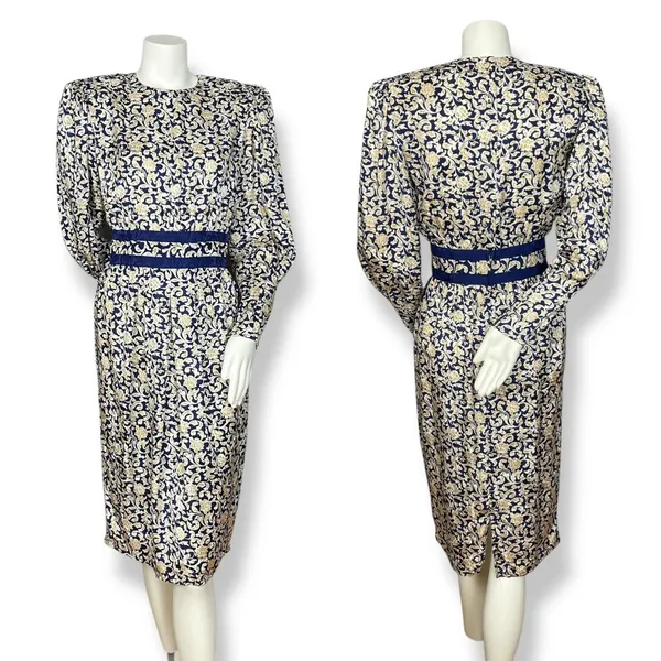 Vintage Dress 80s Long Sleeve Pencil Officecore Puff Sleeves Floral High‎ Neck - Image 2