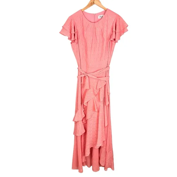 Eliza J Metallic Ruffle Fill Coupe High Low Maxi Gown Pink Rose Size 12 Romantic - Image 2