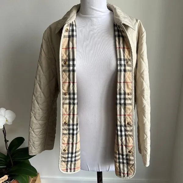 Burberry Classic Diamond Quilted Riding Jacket Tan Plaid Lining Preppy Small - Image 5