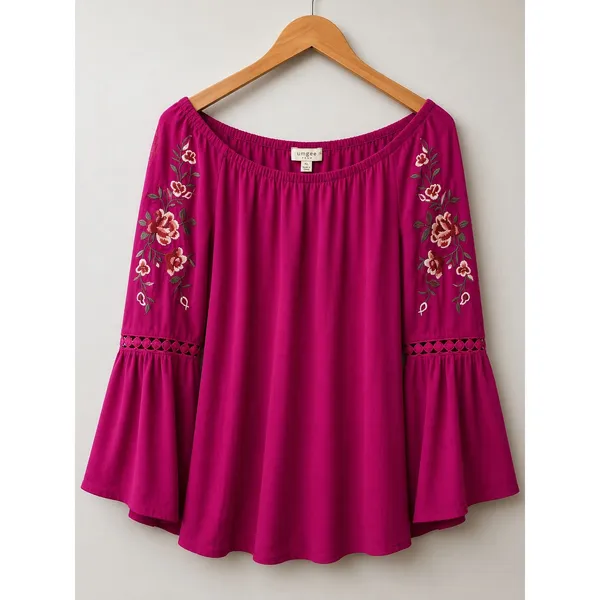 Umgee Magenta Off the Shoulder Embroidered Bell Sleeve Boho‎ Blouse XL Purple - Image 2