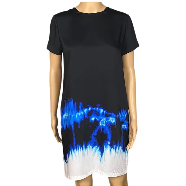 VINCE black, blue & white tie dye watercolor shift dress w/POCKETS. Size 4 FLAW - Image 3