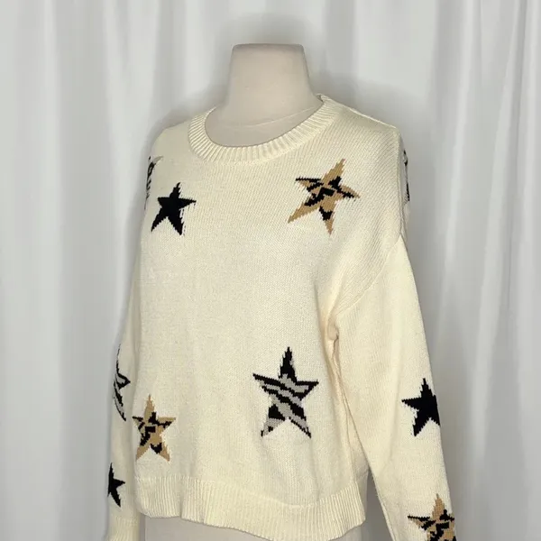 RAILS Perci Animal Star Sweater Ivory Black Camel Cotton Blend Knit X-Small - Image 7