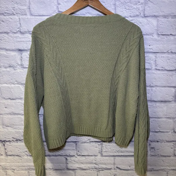 Hollister Women's Green Large V-Neck Cable-Knit Cardigan Hipster Teenager - Image 9