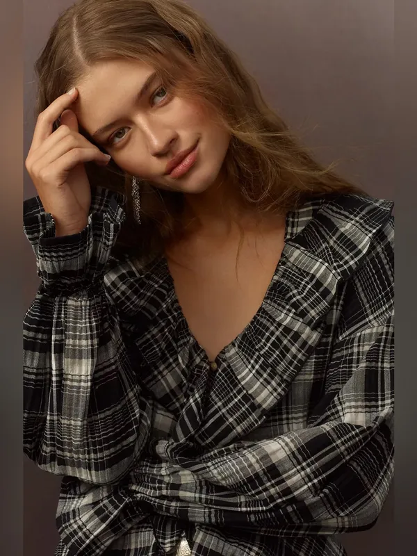 NWT Anthropologie Pilcro Plaid Ruffled Button Black Blouse S - Image 3