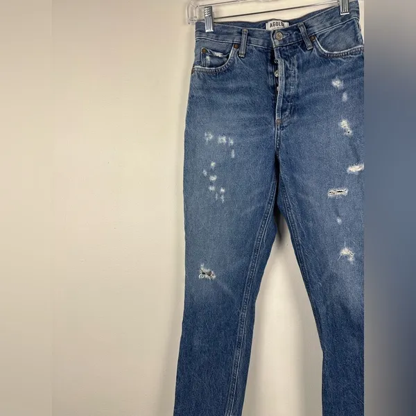 AGOLDE Riley Cropped High Rise Sttraight Leg‎ Distressed Raw Hem Jeans Sz 24 - Image 4