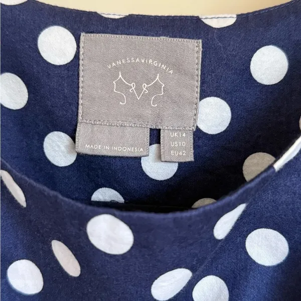 Anthropologie Polka Dot Dress - Vanessa Virginia Navy Blue White Womens sz 10 - Image 5