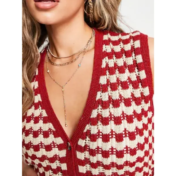 Source Unknown Damson Madder crochet sleeveless cardigan top red and ivory checkered pattern - Image 2