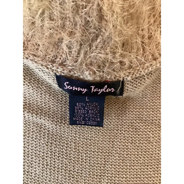 Sonny Taylor Fuzzy Knit Long‎ Vest Women Sz L Beige Open Front Shaggy Cardigan - Image 4