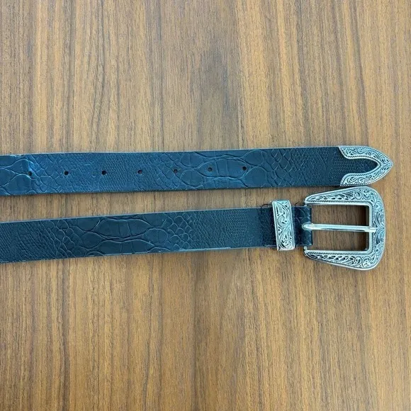 Western Black Faux Leather Belt Ornate Silver Buckle Soft Crocodile Texture - Image 11