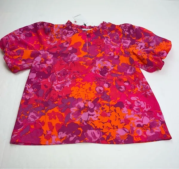 Sugarlips Flirty Floral Split Neck Blouse Top Womens Size Medium Orange Pink NEW - Image 3