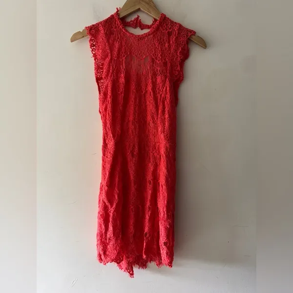 Free‎ People Intimately Daydream Bodycon Slip Lace Dress Coral Pink Plunge Back - Image 3