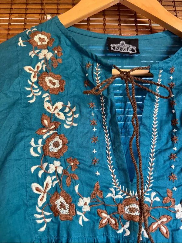 NWOT Vintage Angie Teal Embroidered Boho Tunic Top Medium - Image 3