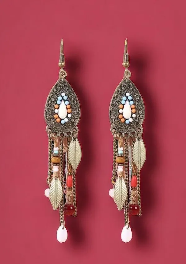 Boho Vintage Style Beaded Fringe Dangle Chain Feather Earrings *Faux Fashion Je - Image 9