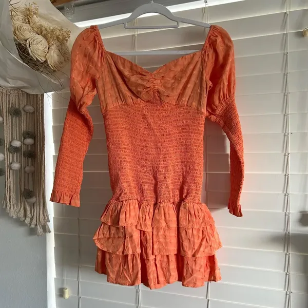 Tularosa Coral Orange Smocked Ruffle Milk maid Mini Dress Size Small - Image 2