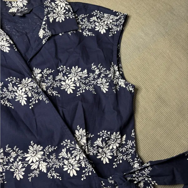 Tommy Hilfiger Women's Size M Navy Floral 100% Cotton Wrap Dress Midi Sleeveless - Image 9