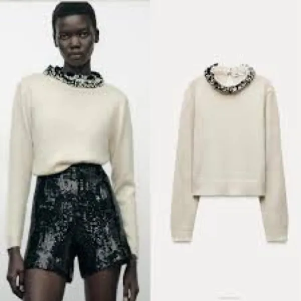 NWT Zara Beaded Collar Cropped Sweater in Cream Size Small alpaca wool - Image 2