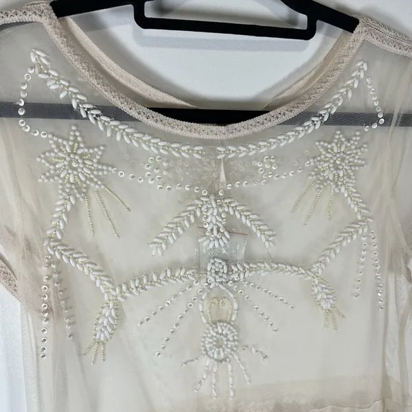 Free People Top Womens‎ Cream Sheer Beaded Mesh Boho Lace Top Size M NWT Boho - Image 4