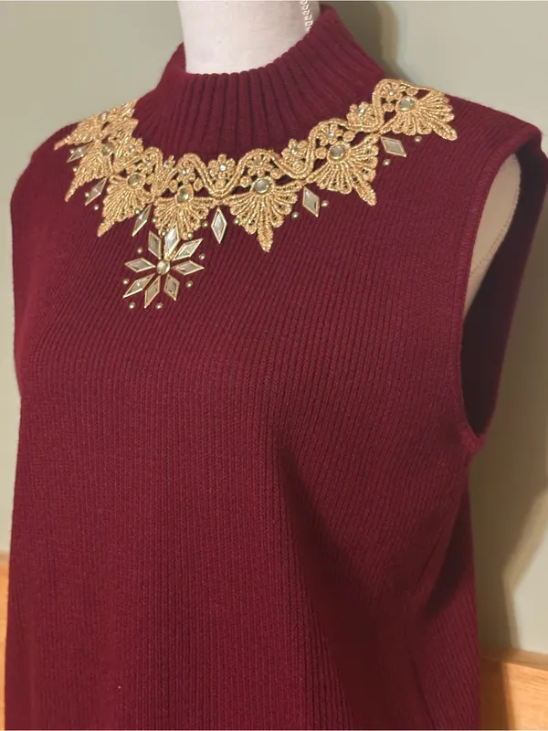 Vintage 80s 90s Burgundy Jeweled Sweater Vest Gold Applique Mock Neck USA OS - Image 2