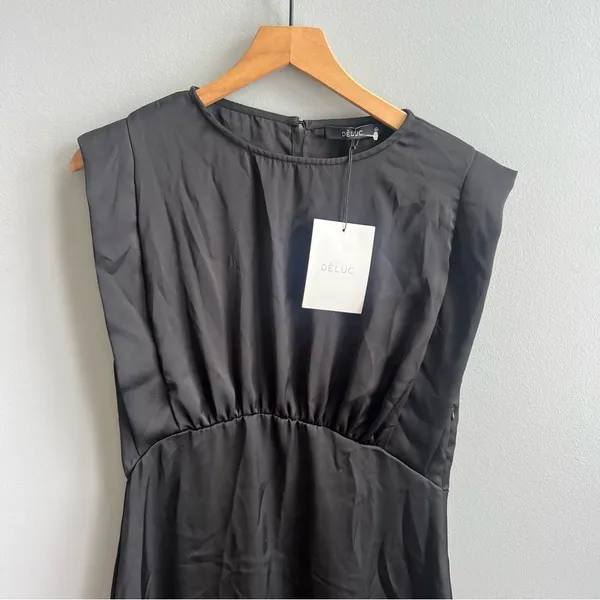 Deluc NWT Harlow Black Satin Mini Dress Size Medium Sleeveless Ruffle Dress - Image 4