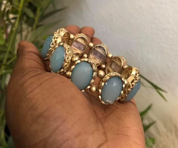 Gold tone Faux Turquoise Gemstone Blue Beaded Stretch Bracelet Bangle. Great for Layering #Boho #western #indie #hippie #cottagecore - Image 3
