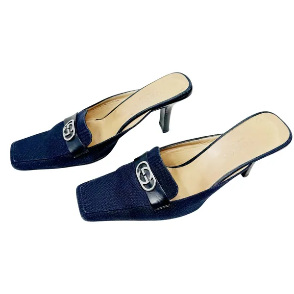 Gucci GG Logo Canvas Mule Heels Black Square Toe Slide Pumps 7.5 Made in Italy - Image 5