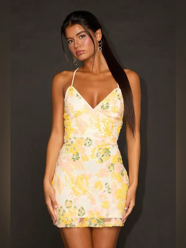 Lulus Mitzy Ivory Multi Floral Sequin Lace-Up Mini Dress Size Small - Image 3