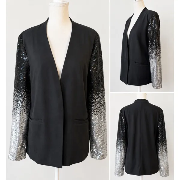 Ebossy Sequin Ombre Sleeve Blazer Womens Large Black Silver Glam Jacket - Image 3