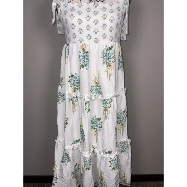 August Sky Boutique Womens Blue Floral Tie Strap Tiered Dress Size Medium - Image 6