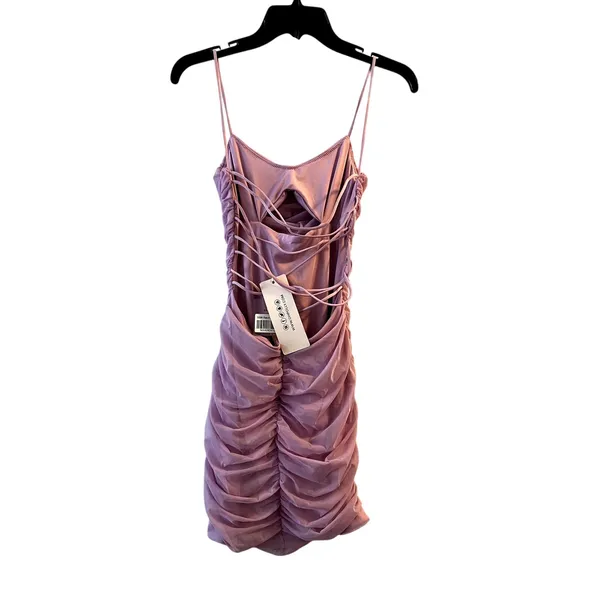 Oh Polly Dusty Pink Cowl Neck Ruched Mesh Mini Dress US size 4 New - Image 3