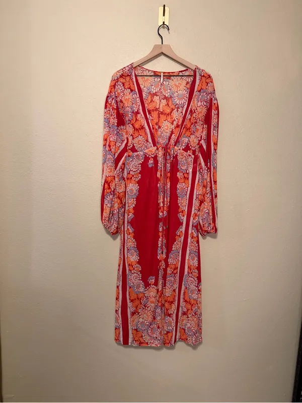 Free People Dream Girl Maxi Open Top Retro Red Lightweight Robe Size Size Medium - Image 5
