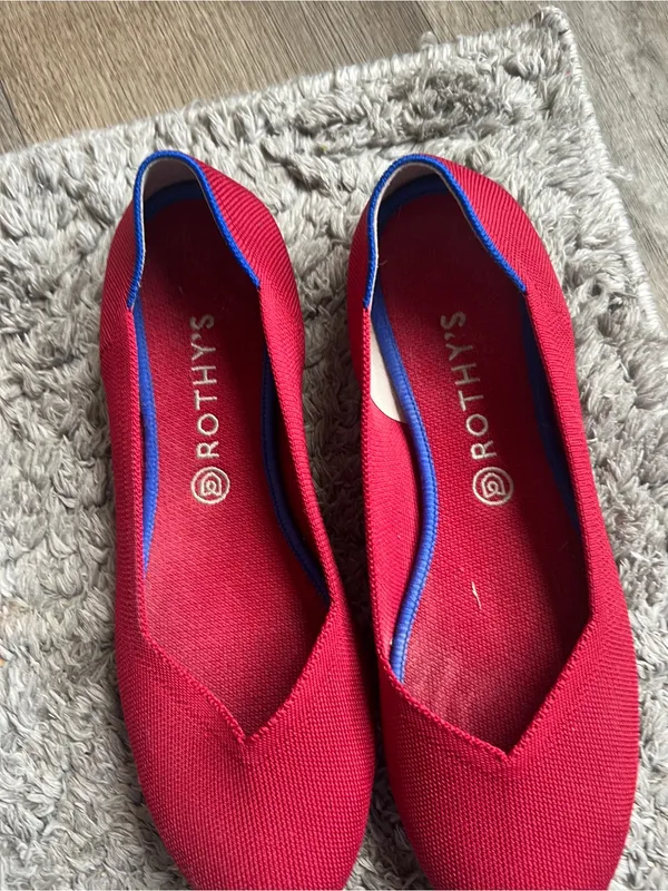 Rothy's Red Knit Pointed Ballet Flats with Blue Trim - Image 3