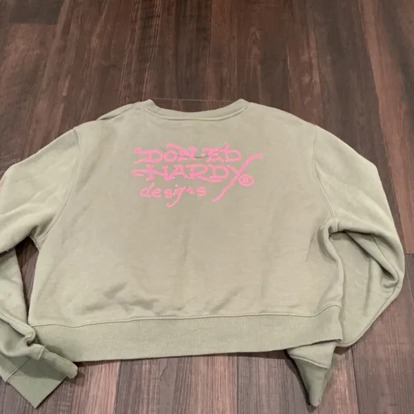 Ed Hardy Panther Graphic Cropped Sweatshirt Olive Green Pink Tattoo Size L - Image 5