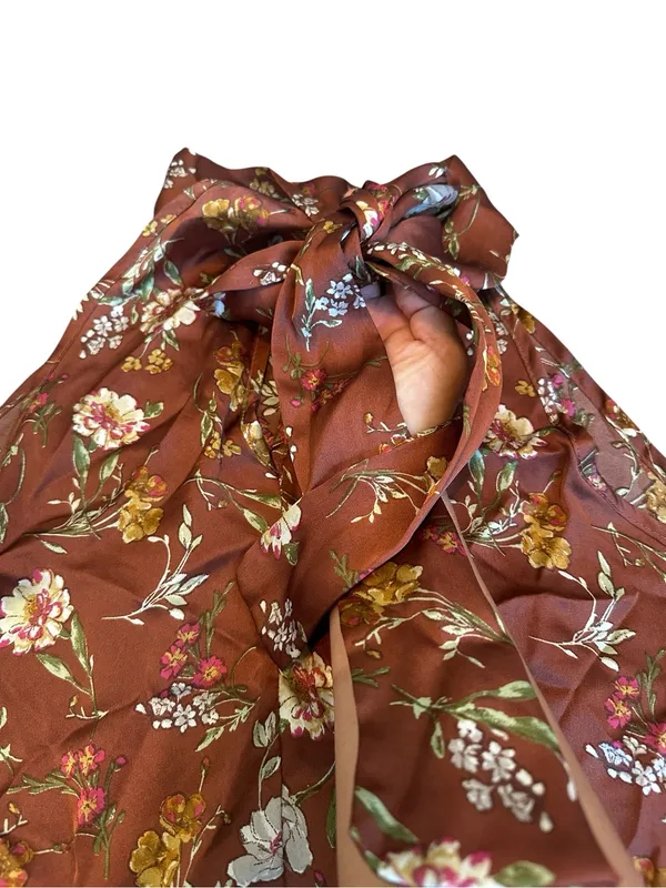 Vintage Brown Satin Floral Halter Neck Sleeveless Blouse Size Medium Coquette - Image 5