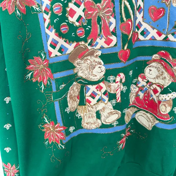 Vintage 90’s Christmas Teddy Bears Green Holiday Sweater w/ Glitter MD - AS IS - Image 3