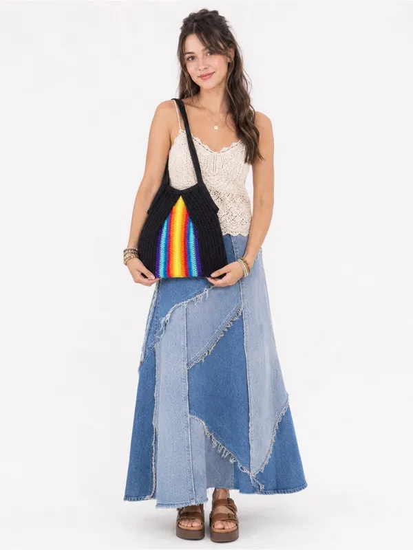Vintage Rainbow Colorful Woven Shoulder Bag Black Bohemian Pride Hobo Tote - Image 6